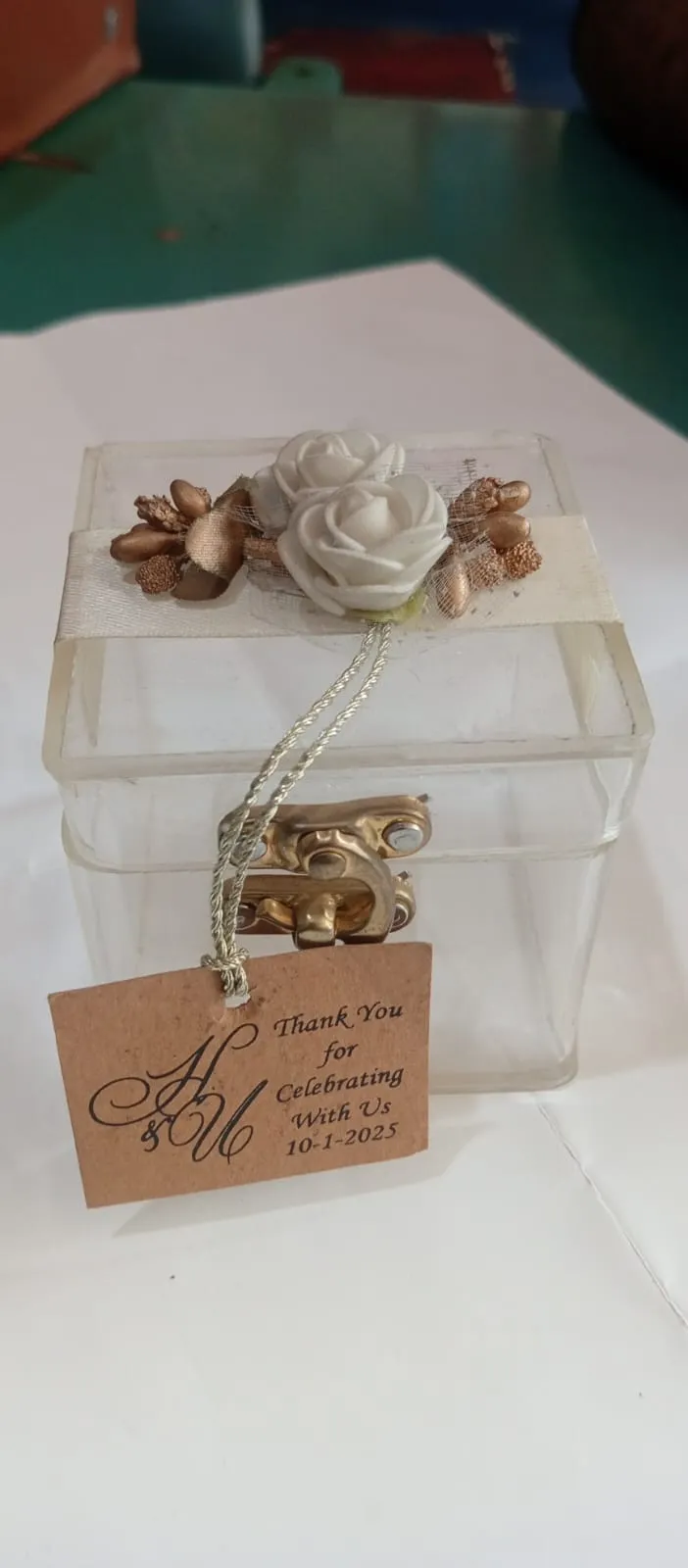 Clear bid box - transparent acrylic box with metallic accents and decorative elements