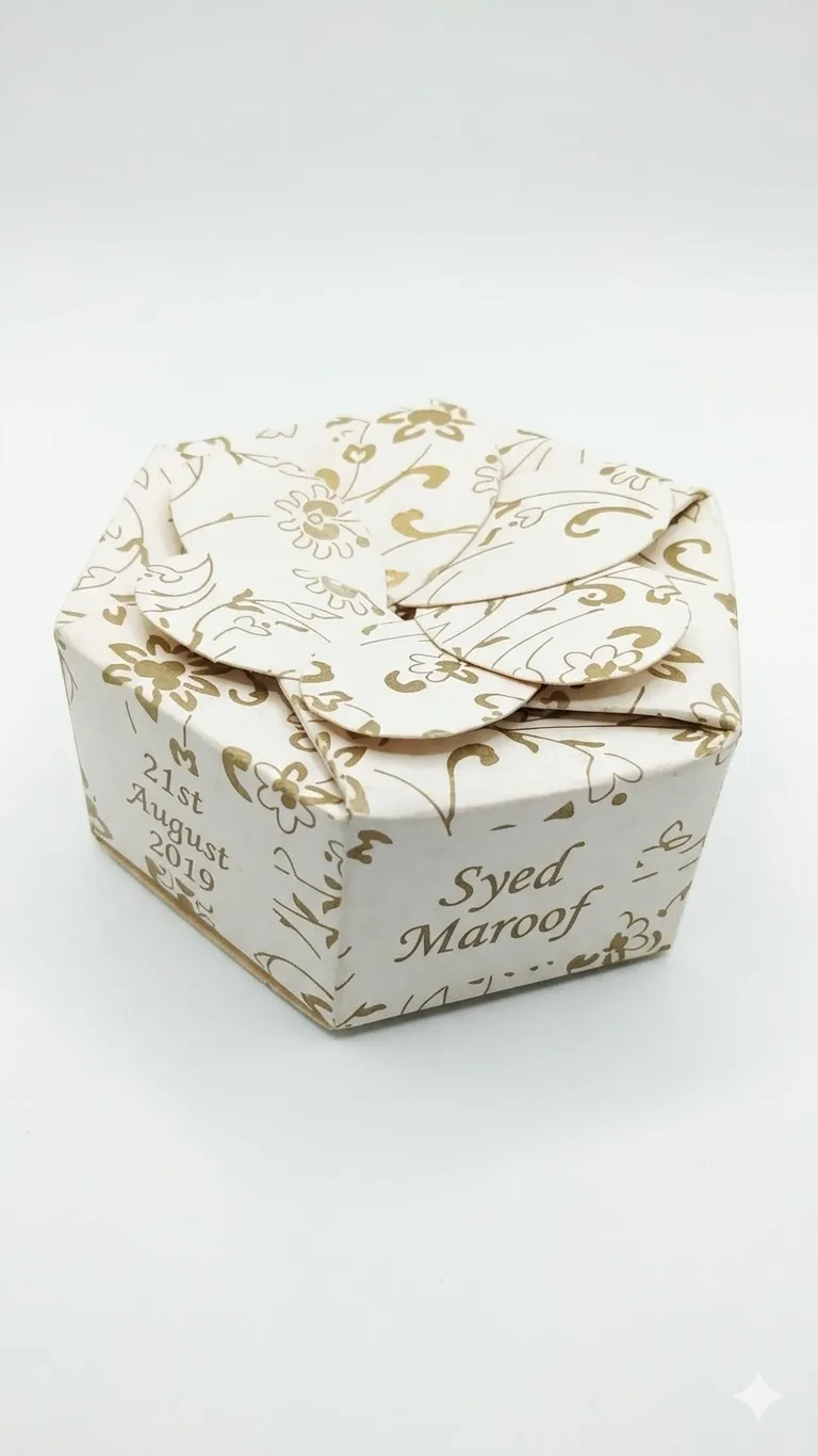 Pakistani Wedding Bidh Boxes hexagon shape with gold floral pattern